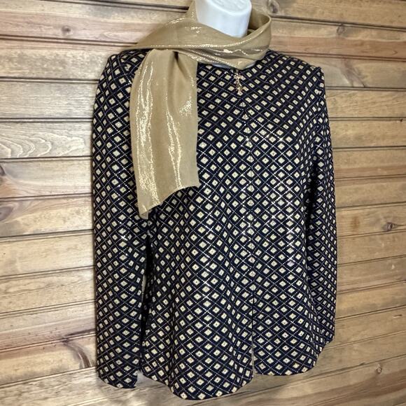 St. John Evening Black Gold Knit Jacket Zip Paillettes Rhinestone W/Scarf Sz 2 - Picture 2 of 15